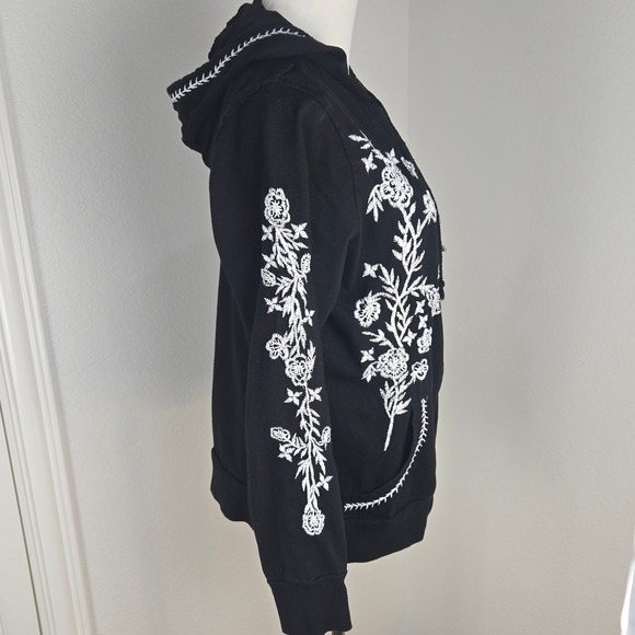 Seventh Avenue Black Embroidered Hoodie L Full Zip Whimsigoth Floral Cotton - Picture 10 of 10